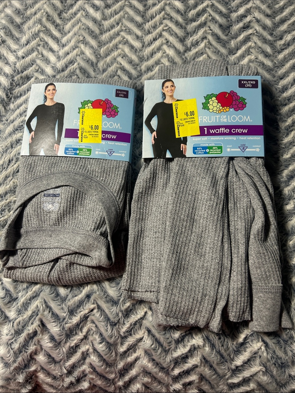 Two pack Fruit of the Loom Gray Waffle Crew Tops Thermal Underwear